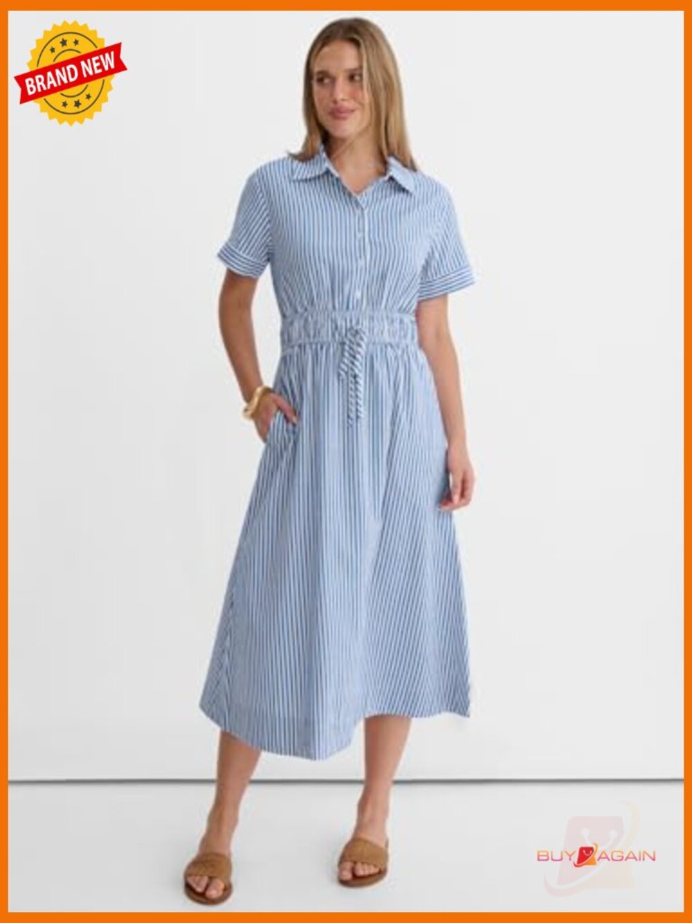 Women's Midi Dress Short Sleeve Striped Button Collar Casual Beach Dress - Picture 6 of 7